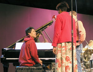 Discussing music with Randy Porter (at piano) and Bruce Forman (partially shown)