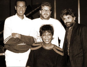 John Clayton Jr.
Jeff Hamilton and
Monty Alexander at the recording date for "The Music Made Me Sing It" album - Holland, 1986